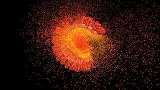 illustration of a red and orange HIV virus disintegrating against a black background