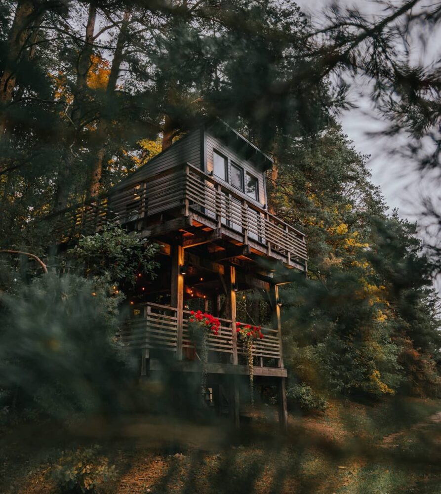 Try out a tree house as your home in the Latvian forest at Glamping Tērvete.