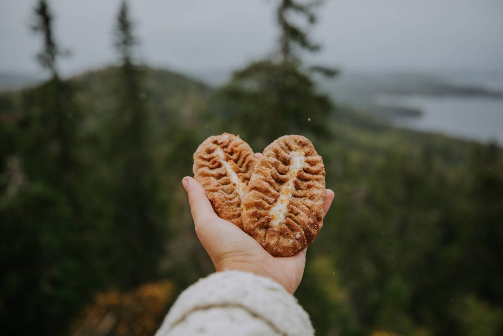 A hand holds two heart-shaped pastries against a backdrop of lush green hills and a misty sky.