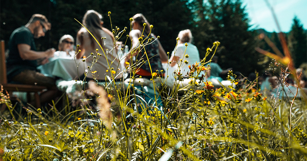 Outdoor dining experience in SalzburgerLand, Austria, with guests enjoying a forest brunch surrounded by nature.