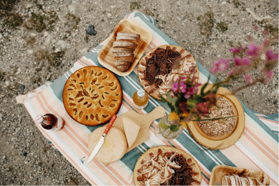 Traditional apricot pie, ham and cheese pie resting on a cozy picnic blanket with a flower, perfect for an outdoor meal.