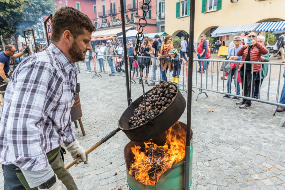 Traditional chestnut roasting at a local festival, with a man preparing chestnuts over fire and a tourist capturing the moment.